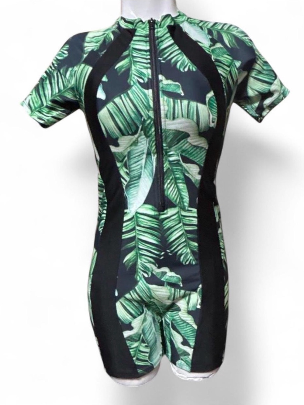 NWOT Tropical Green Leaf Front-Zip Short Sleeve One-Piece Swimsuit